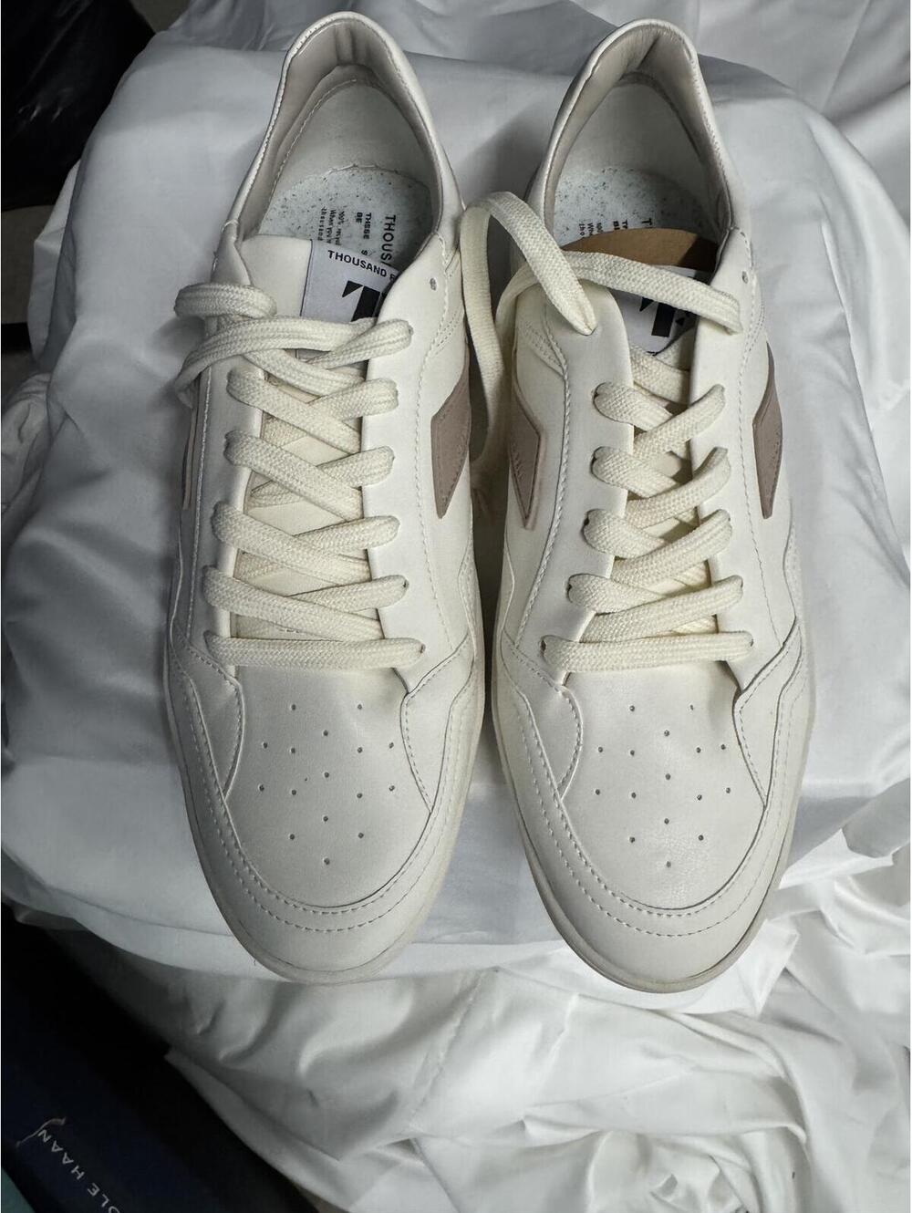 Thousand Fell White Leather Sneakers with Taupe Detail